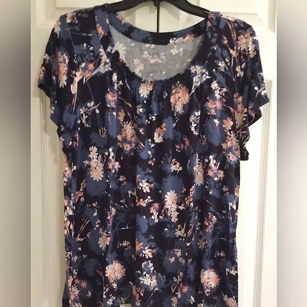 🌴 2/$20-Croft & Barrow Short SL Smock Neck Floral Print Top- Black/Blue-XL-NWOT